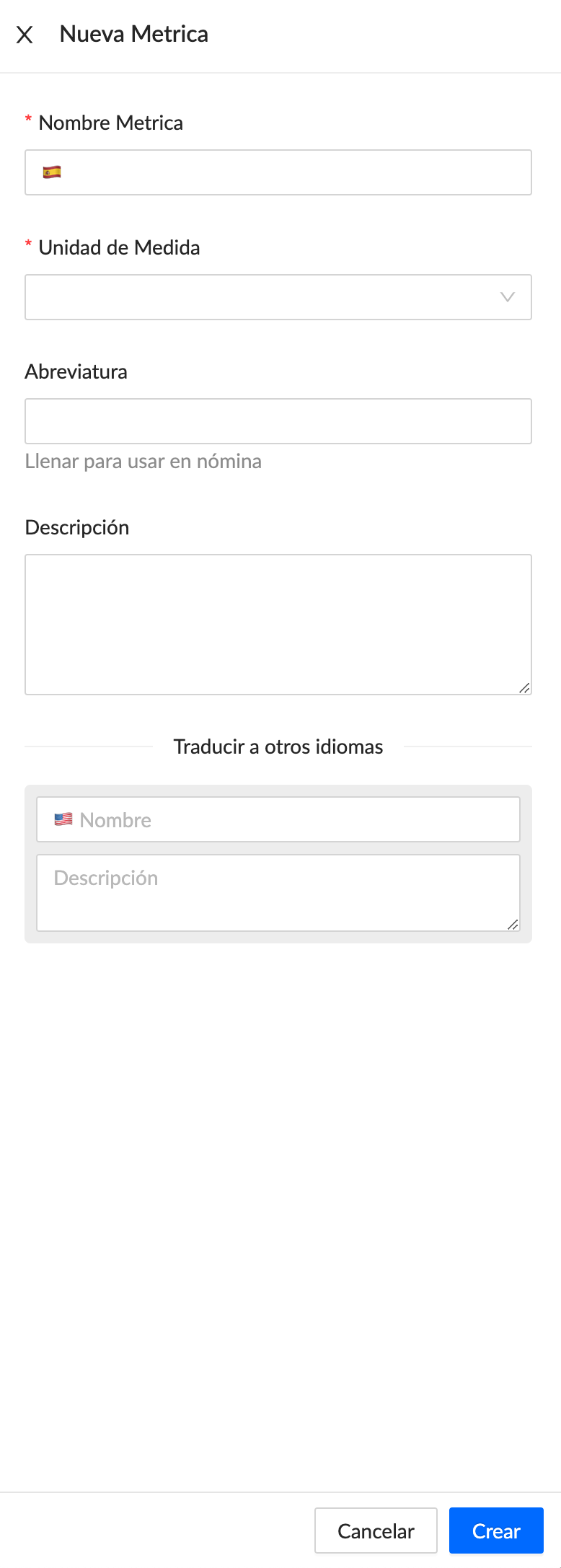 Formulario para crear una nueva métrica en Aragro